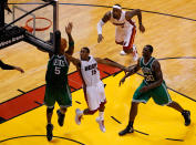 MIAMI, FL - JUNE 09: Mario Chalmers #15 of the Miami Heat goes up for a shot against Kevin Garnett #5 of the Boston Celtics in Game Seven of the Eastern Conference Finals in the 2012 NBA Playoffs on June 9, 2012 at American Airlines Arena in Miami, Florida. (Photo by J. Meric/Getty Images)