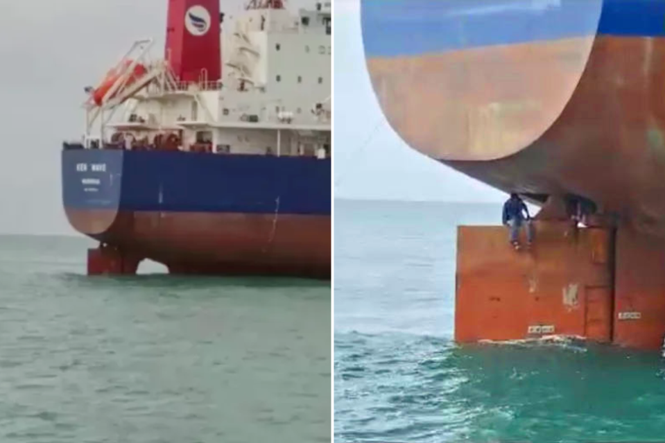 Friday sentado en la pala del timón del barco que lo trajo a Brasil