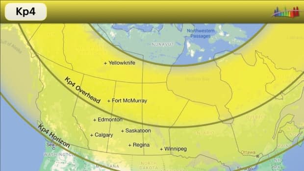 Seasoned aurora chaser Chris Ratzlaff, who helps run the Alberta Aurora Chasers Facebook group, produced a map of visibility for the Kp index across Canada.