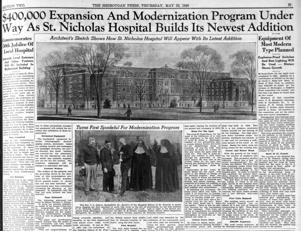 Sheboygan Press news of groundbreaking for the new $400,000 edition of St. Nicholas Hospital in May of 1940.