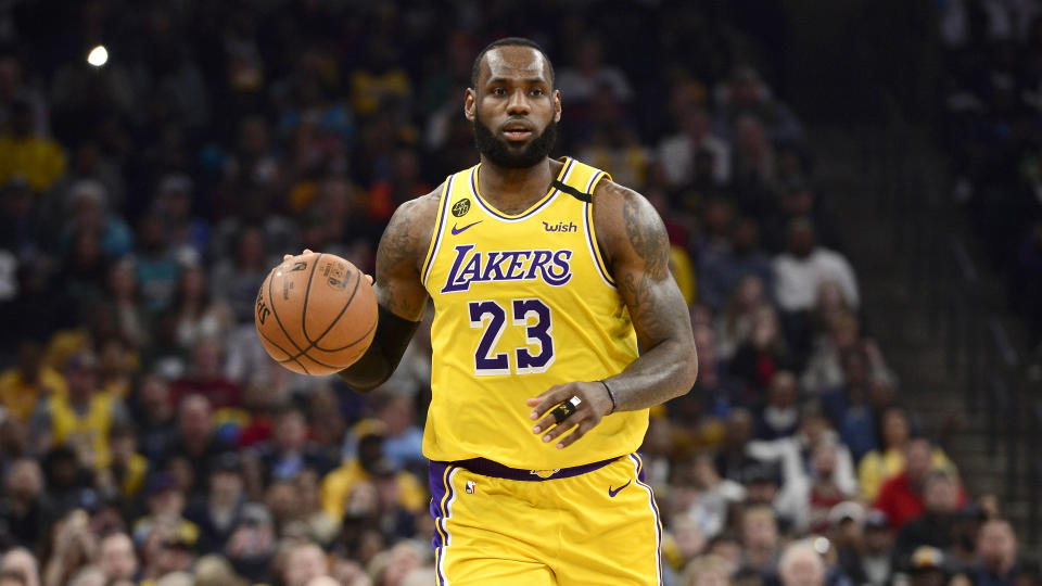 Los Angeles Lakers forward LeBron James (23) plays in the second half of an NBA basketball game against the Memphis Grizzlies Saturday, Feb. 29, 2020, in Memphis, Tenn. (AP Photo/Brandon Dill)