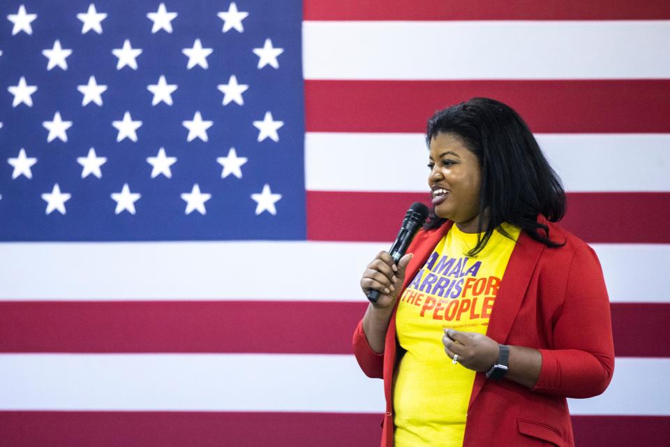 Deidre DeJear, campaign chair for Kamala Harris in 2019, speaks about the U.S. senator from California during the Johnson County Democrats' annual fall barbecue, Sunday, Oct. 13, 2019, at the Johnson County Fairgrounds in Iowa City, Iowa.