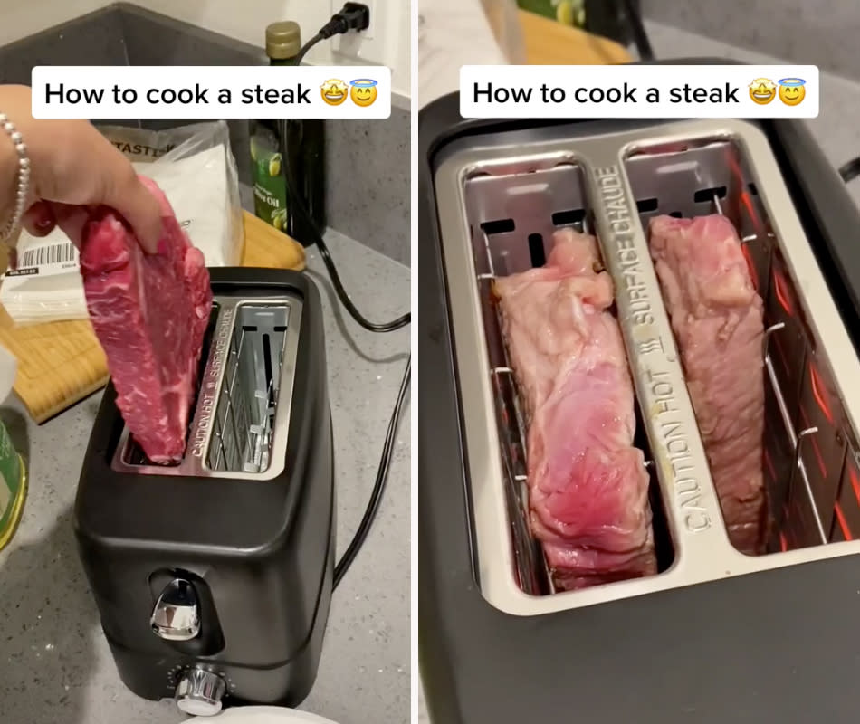 A woman cooks steak in a toaster on TikTok