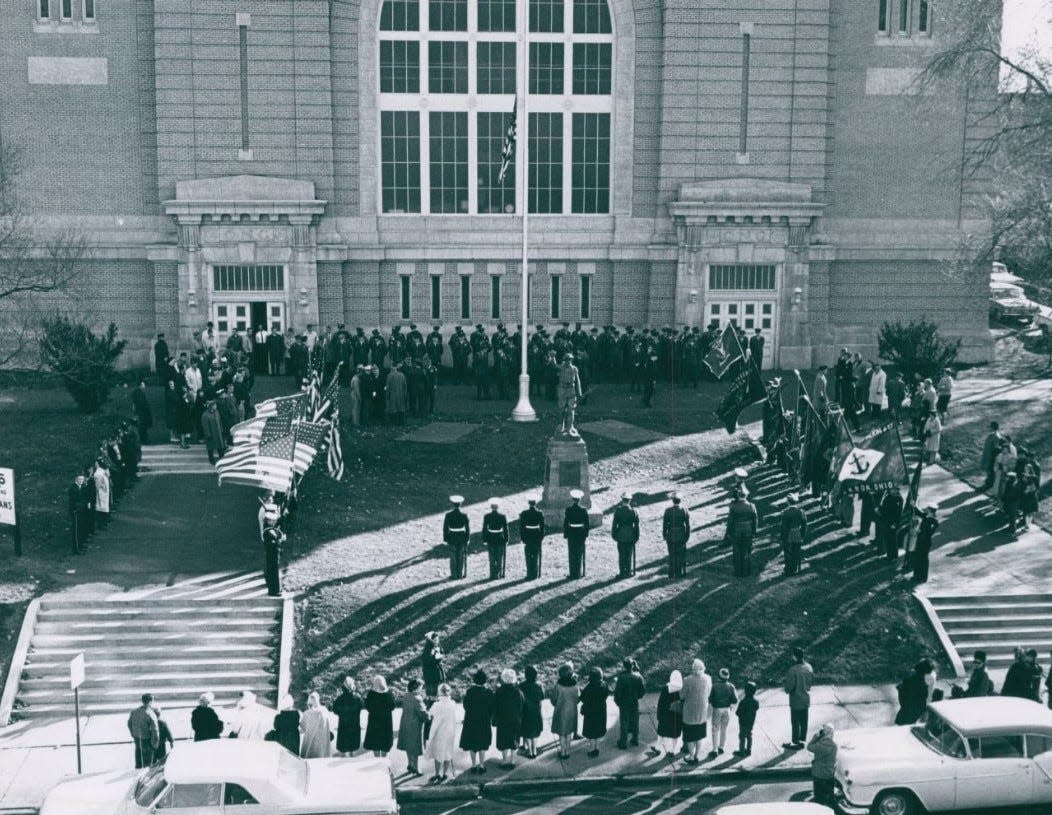 A memorial service for President John F. Kennedy is held Nov. 25, 1963, outside the Akron Armory on South High Street.