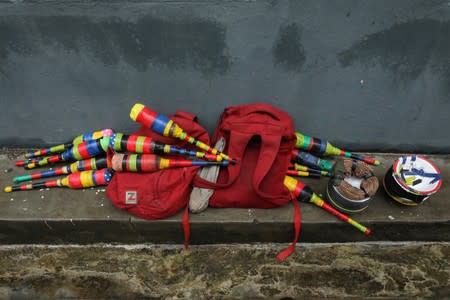 Juggle props that belong to members of the GKB academy, a unicycle club, are pictured during a training session in Lagos