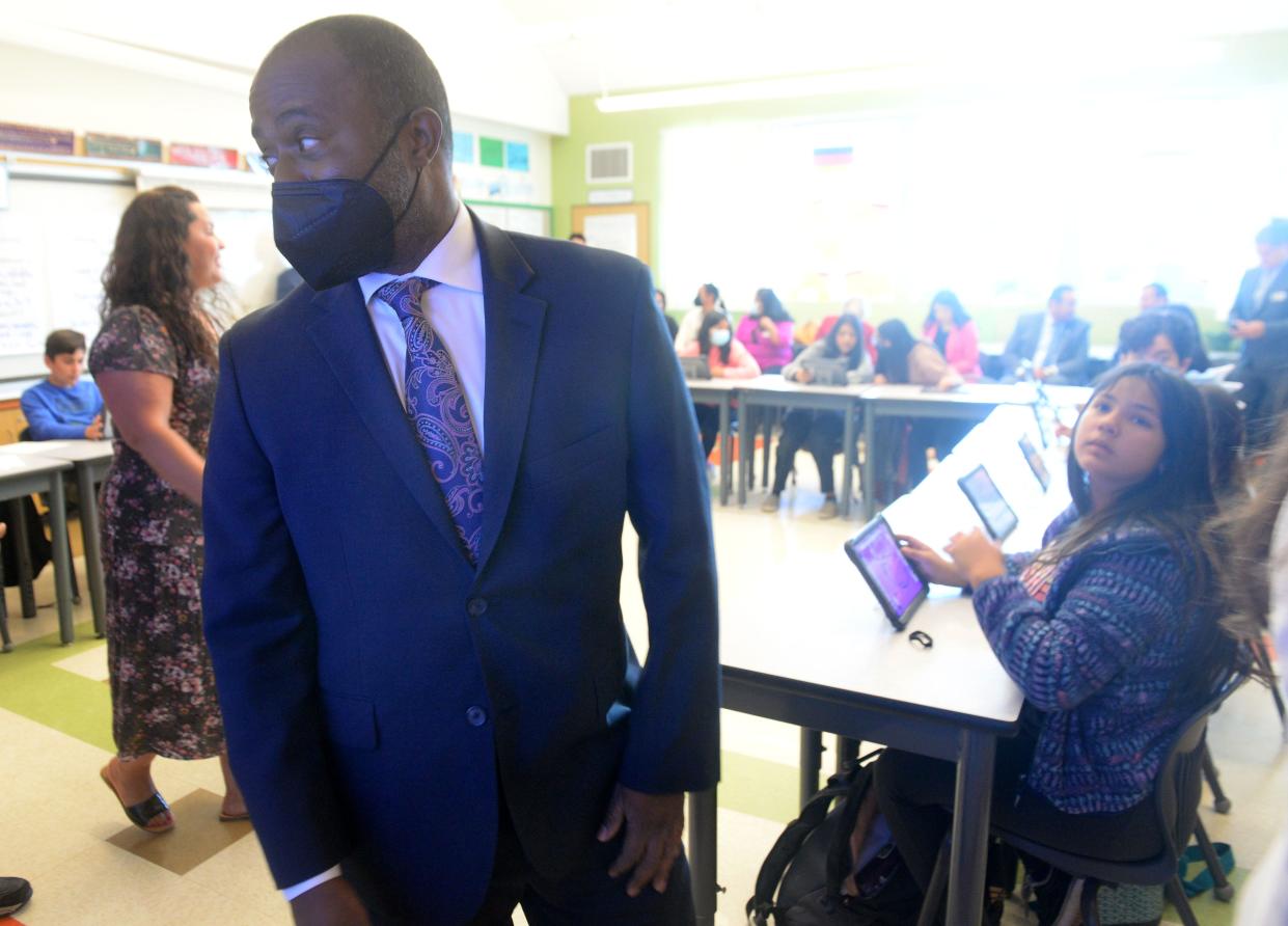 California Superintendent of Public Instruction Tony Thurmond heads out of a sixth-grade class at Juan Soria Elementary School in Oxnard in April. This week, Thurmond said in response to statewide test results that students would need 'sustained support' to recover from pandemic-related learning loss.