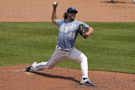 Kansas City Royals starting pitcher Jonathan Heasley throws during the fifth inning in the first game of a baseball doubleheader against the Chicago White Sox Tuesday, May 17, 2022, in Kansas City, Mo. (AP Photo/Charlie Riedel)