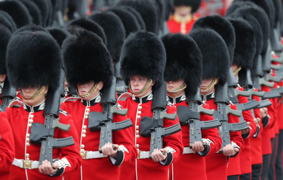 Row of uniformed guards with large black hats, performing a ceremony with rifles