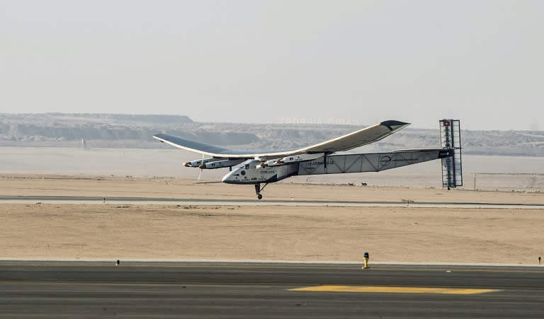 Solar Impulse 2 lands at Cairo International Airport on July 13, 2016, for the penultimate stage of its world tour