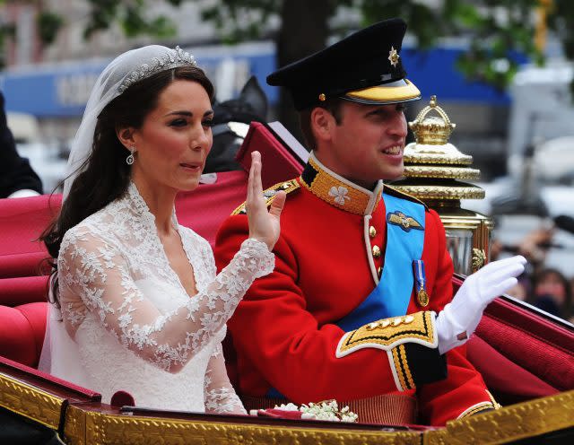 The Duke and Duchess of Cambridge journey by carriage to Buckingham Palace following their marriage