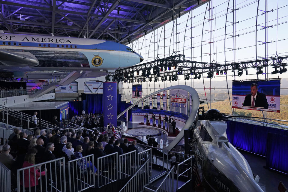 Republican presidential candidates debate during a Republican presidential primary debate hosted by FOX Business Network and Univision, Wednesday, Sept. 27, 2023, at the Ronald Reagan Presidential Library in Simi Valley, Calif. (AP Photo/Mark J. Terrill)