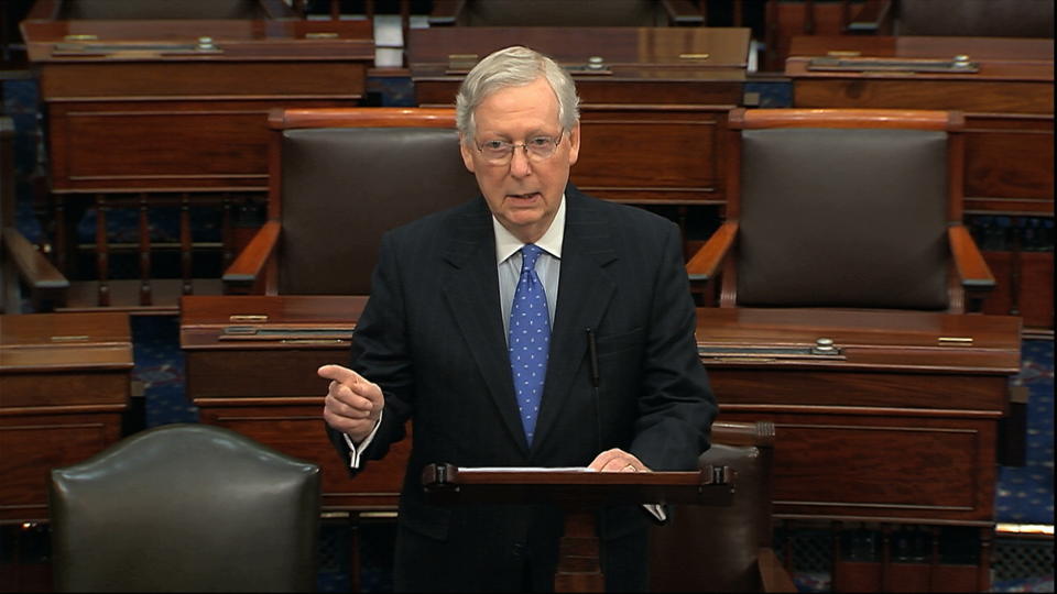 Senate Majority Leader Mitch McConnell of Ky., speaks on the Senate floor, Thursday, Dec. 19, 2019 at the Capitol in Washington. (Photo: Senate TV via AP)