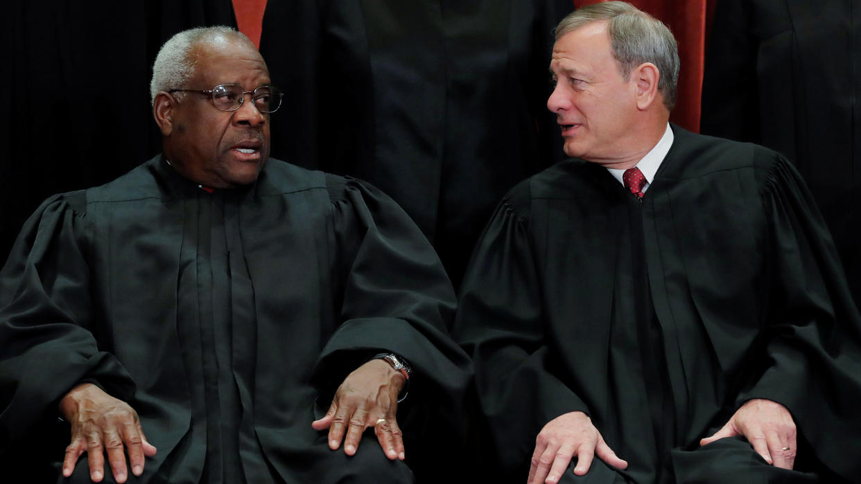 Supreme Court Justice Clarence Thomas and Chief Justice John Roberts in 2018. 