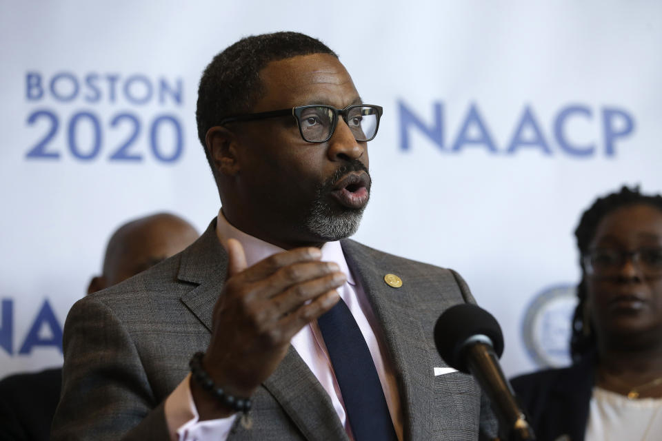 FILE - In this Thursday, Dec. 12, 2019, file photo, National Association for the Advancement of Colored People President Derrick Johnson faces reporters during a news conference in Boston. Facebook CEO Mark Zuckerberg and Chief Operating Officer Sheryl Sandberg met with civil rights leaders, Tuesday, July 7, 2020, including the organizers of a widespread advertising boycott of the social network over hate speech on its platform. Johnson, who was present on the Zoom meeting, said Facebook’s executives only delivered cheap talk, filled with little commitment to new rules or actions that would curb racism and misinformation. (AP Photo/Steven Senne, File)