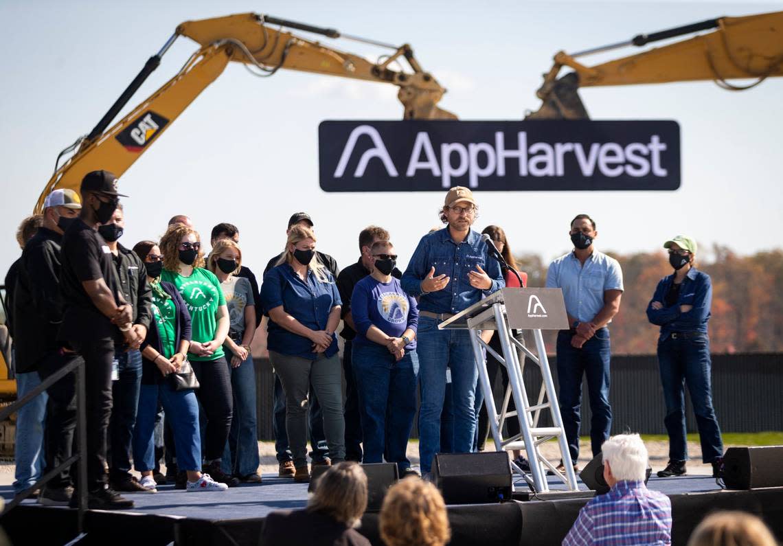 AppHarvest founder and CEO Jonathan Webb speaks during a press conference announcing the opening of the first greenhouse facility in Morehead, Ky., Wednesday, October 21, 2020. The 60 acre, indoor facility is supposed to grow 45,000 pounds of tomatoes.