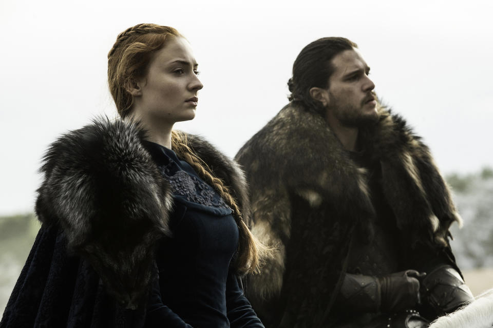 Sophie Turner as Sansa Stark and Kit Harington as Jon Snow in Game of Thrones (Credit: HBO)