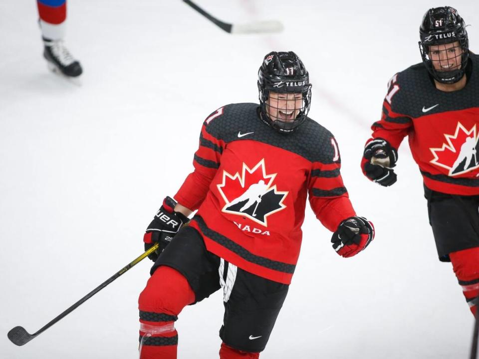 Canada's Ella Shelton celebrates her goal during a game against Russia at the women's world championship in 2021. (Jeff McIntosh/The Canadian Press - image credit)