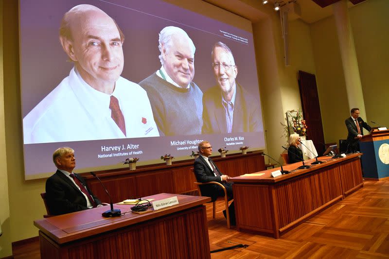 Perlmann, Secretary of the Nobel Assembly at Karolinska Institutet and of the Nobel Committee for Physiology or Medicine, announces Harvey J. Alter, Michael Houghton and Charles M. Rice as the winners of the 2020 Nobel Prize in Physiology or Medicine