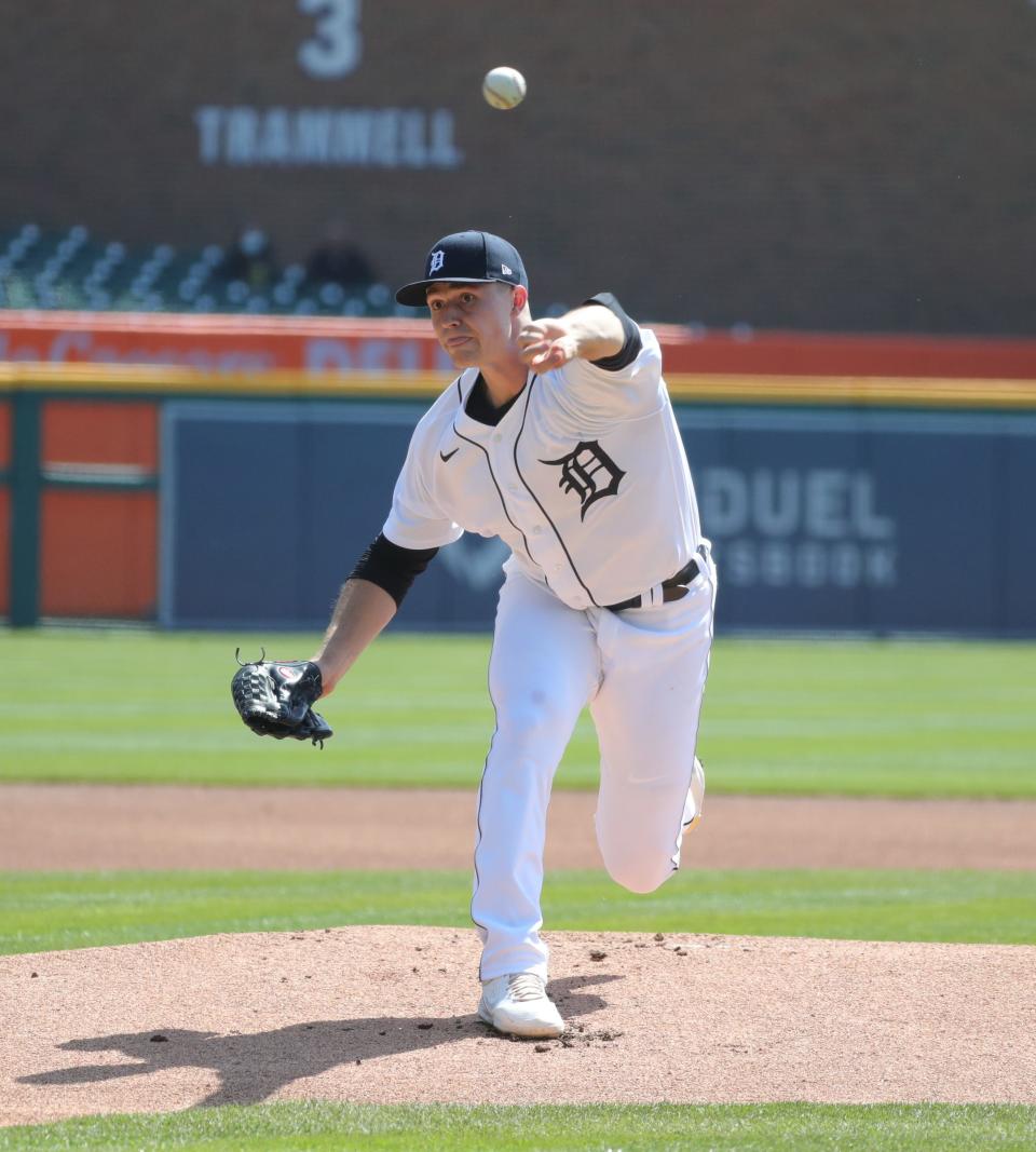 Detroit Tigers starting pitcher Tarik Skubal pitches against the Cleveland Indians during the first inning Sunday, April 4, 2021 at Comerica Park.