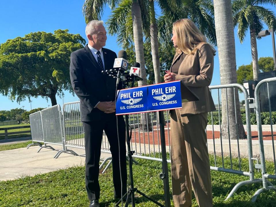 Democrat Phil Ehr stands with former Congresswoman Debbie Mucarsel-Powell during an October Miami press conference announcing his campaign to run in the Democratic primary for Florida’s 28th congressional district, represented by Republican U.S. Rep. Carlos Gimenez.