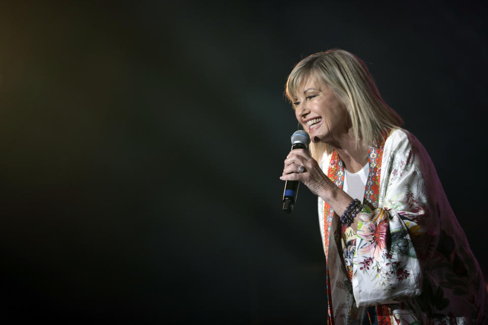 Olivia Newton-John (pictured performing in Australia earlier this year) will take the virtual stage as part of the Global Pride 2020 lineup. (Photo: Cole Bennetts/Getty Images)