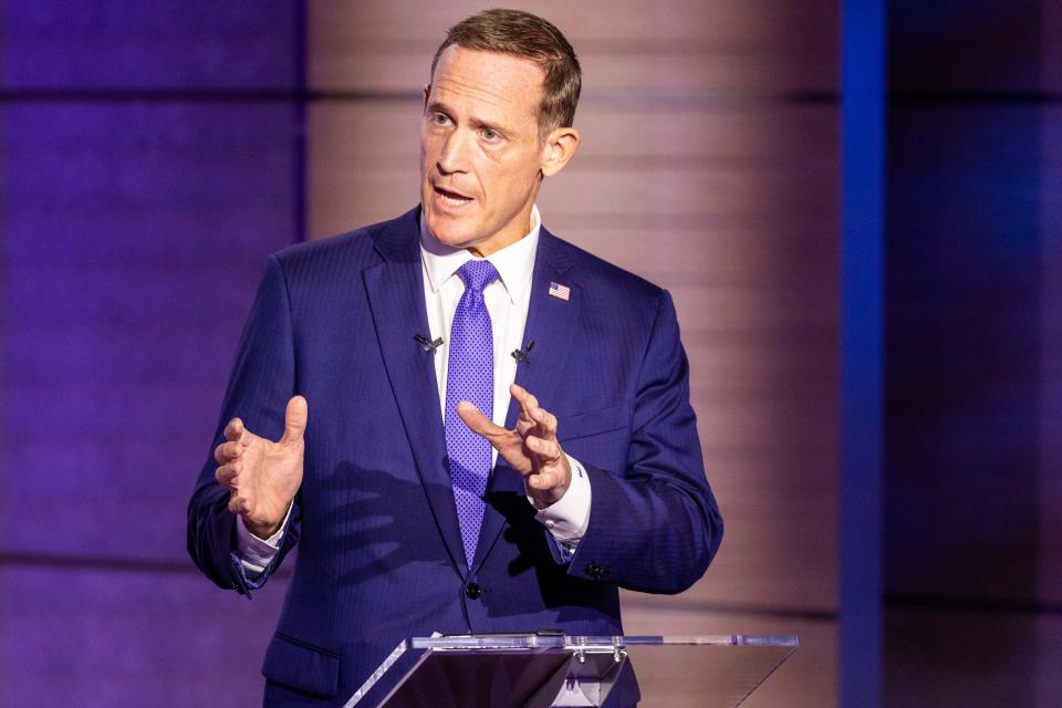 Republican candidate for U.S. Senate, U.S. Rep. Ted Budd, R-N.C., answers a question during a televised debate with Democratic challenger Cheri Beasley, Friday, Oct. 7, 2022, at Spectrum News 1 studio in Raleigh, N.C. (Travis Long/The News & Observer via AP, Pool)