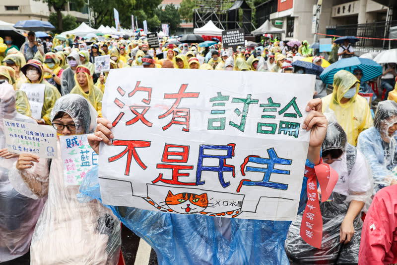 立法院28日續審國會改革法案，有民眾在立法院外圍持「沒有討論 不是民主」標語看板到場抗議。（中央社）