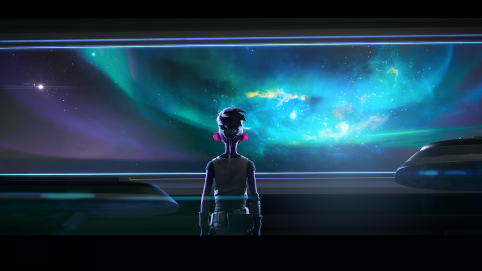 An alien teen boy looks out the front window of a spaceship, observing the vast cosmos.