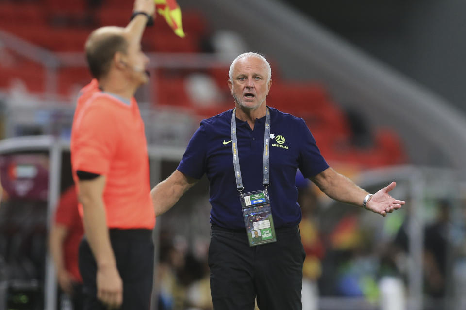 Australia's coach Graham Arnold reacts during a qualifying match between United Arab Emirates and Australia in Al Rayyan, Qatar, Tuesday, June 7 2022. (AP Photo/Hussein Sayed)