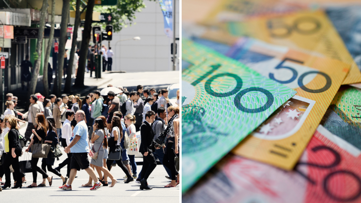 People walking and Australian money notes.