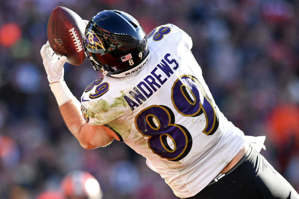 CLEVELAND, OH - DECEMBER 22, 2019: Tight end Mark Andrews #89 of the Baltimore Ravens catches a 14-yard touchdown pass in the second quarter of a game against the Cleveland Browns on December 22, 2019 at FirstEnergy Stadium in Cleveland, Ohio. Baltimore won 31-15. (Photo by: 2019 Nick Cammett/Diamond Images via Getty Images)