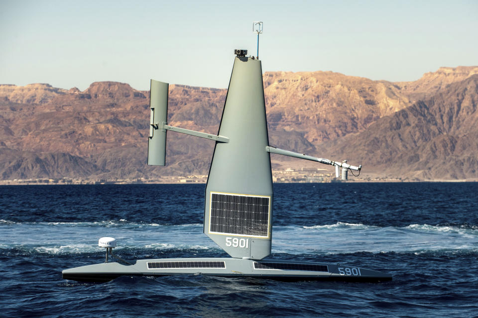 In this photo released by the U.S. Navy, a Saildrone Explorer unmanned sea drone sails in the Gulf of Aqaba on Feb. 9, 2022. Iran said Friday its navy seized two American sea drones in the Red Sea before letting them go, the latest maritime incident involving the U.S. Navy's new drone fleet in the Mideast. (Mass Communication Specialist 2nd Class Dawson Roth/U.S. Navy via AP)