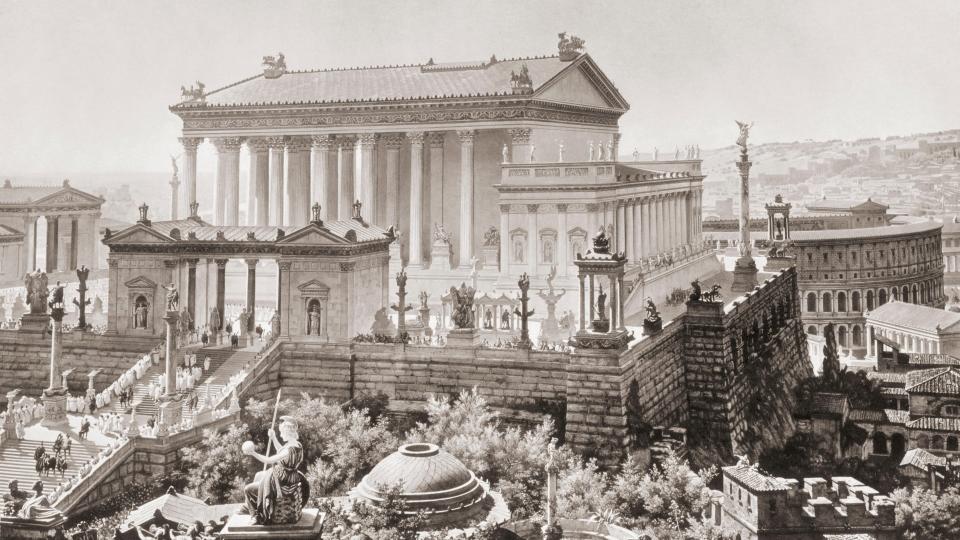 The Temple of Jupiter Optimus Maximus and behind, on the right, the Theatre of Marcellus as they may have appeared in Rome in 312 AD.