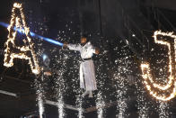 Anthony Joshua of Britain arrives for his fight with Oleksandr Usyk of Ukraine before their WBA (Super), WBO and IBF boxing title bout at the Tottenham Hotspur Stadium in London, Saturday, Sept. 25, 2021. (AP Photo/Frank Augstein)