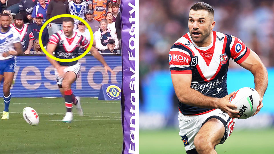 James Tedesco runs at the ball and Tedesco looking to pass.