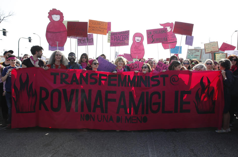 People march to protest the World Congress of Families, in Verona, Italy, Saturday, March 30, 2019. A congress in Italy under the auspices of a U.S. organization that defines family as strictly centering around a mother and father has made Verona — the city of Romeo and Juliet — the backdrop for a culture clash over family values, with a coalition of civic groups mobilizing against what they see as a counter-reform movement to limit LGBT and women's rights. (AP Photo/Antonio Calanni)