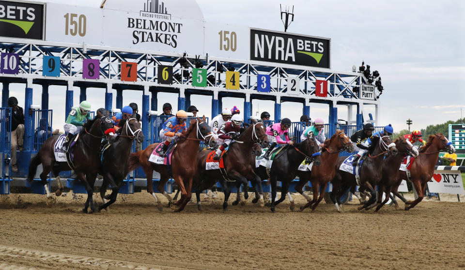 FILE - In this June 9, 2018, file photo, horses break from the starting gate at the beginning of the 150th running of the Belmont Stakes horse race at Belmont Park in Elmont, N.Y. The Belmont Stakes will be run June 20, 2020, without fans and serve as the opening leg of horse racing's Triple Crown for the first time in the sport's history. The New York Racing Association on Tuesday, May 19, 2020, unveiled the rescheduled date for the Belmont, which will also be contested at a shorter distance than usual. This is the first time the Belmont will lead off the Triple Crown ahead of the Kentucky Derby and Preakness. (AP Photo/Julie Jacobson, File)