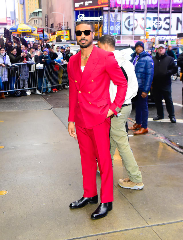 Michael B. Jordan Leaves 'The View' in a Pink Versace Cardigan