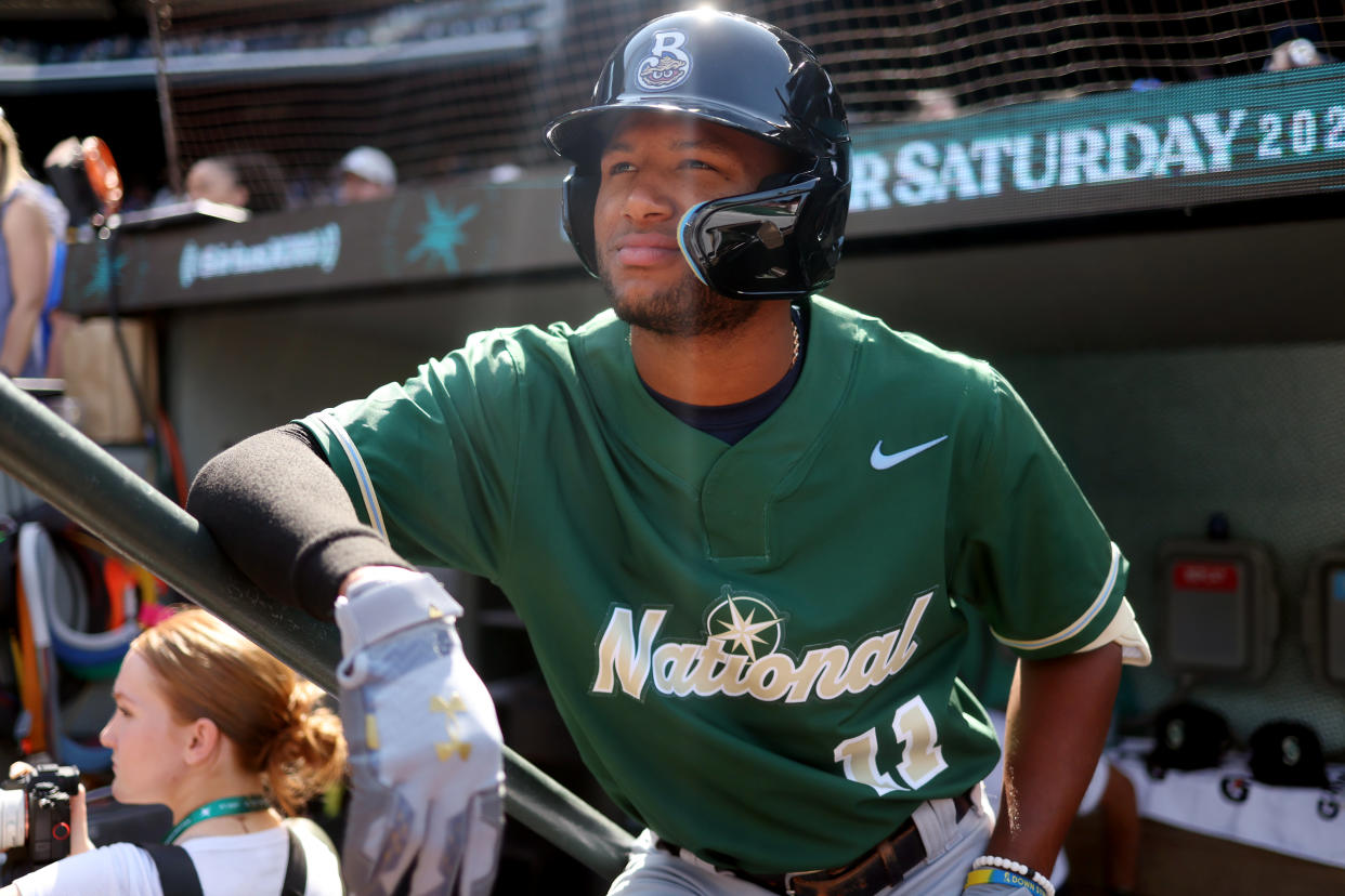 SEATTLE, WA - JULY 08:  Jackson Chourio #11 of the Milwaukee Brewers looks on from the dugout prior to the SiriusXM All-Star Futures Game at T-Mobile Park on Saturday, July 8, 2023 in Seattle, Washington. (Photo by Rob Tringali/MLB Photos via Getty Images)