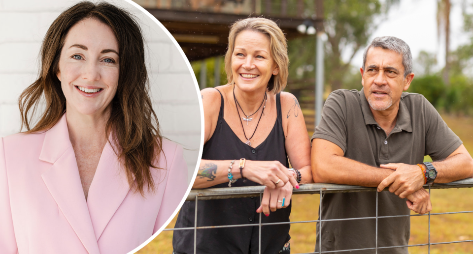 Mary Delahunty next to Aussie couple at home