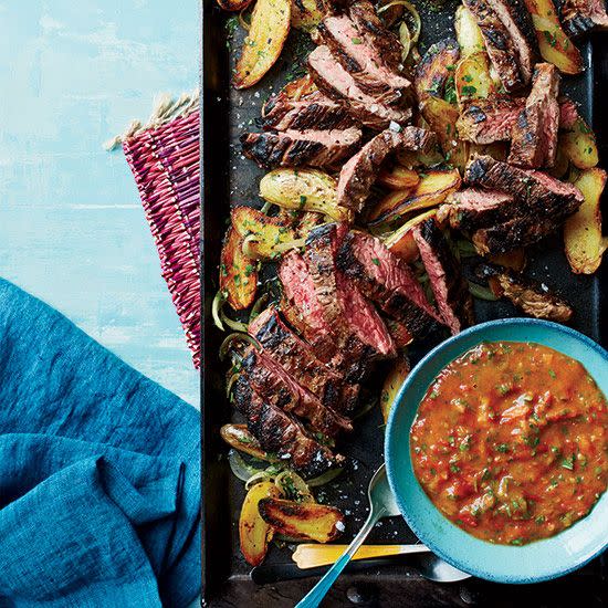 Skirt Steak with Roasted Tomato Chimichurri and Potatoes