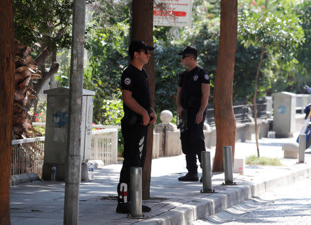 Police officers patrol outside the home of U.S. pastor Andrew Brunson in Izmir, Turkey August 18, 2018. REUTERS/Osman Orsal