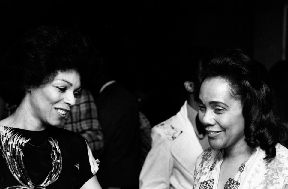 Rosalind Cash and Coretta Scott King attend the premiere of 'Uptown Saturday Night' on June 15, 1974 at the Criterion Theater in New York City. (Photo by Ron Galella/WireImage)