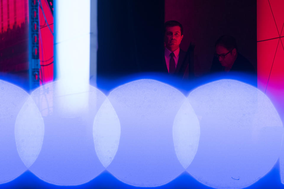 Democratic presidential candidate former South Bend, Ind., Mayor Pete Buttigieg, waits backstage to speak at the ​U.S. Conference of Mayors' Winter Meeting, Thursday, Jan. 23, 2020, in Washington. (AP Photo/Cliff Owen)