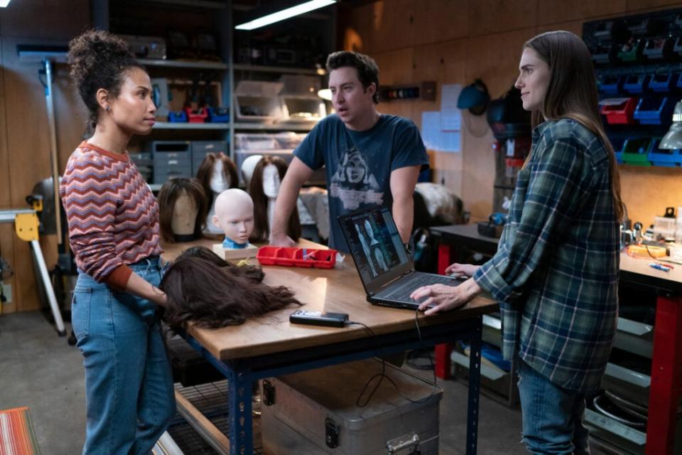 (from left) Tess (Jen Van Epps), Cole (Brian Jordan Alvarez) and Gemma (Allison Williams) in M3GAN, directed by Gerard Johnstone. (Photo Credit: Geoffrey Short/Universal Pictures)