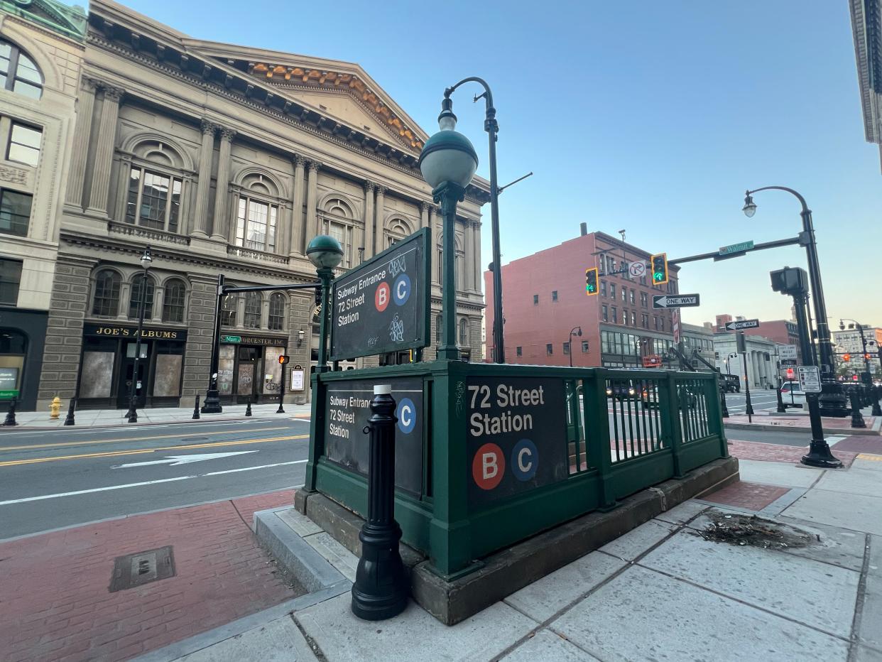 A subway in Worcester? A section of Main Street has been given a touch of New York City for the filming of "The Walking Dead: Dead City." Mechanics Hall is in the background.