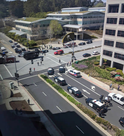 Officials are seen following a possible shooting at the headquarters of YouTube, in San Bruno, California, U.S., April 3, 2018 in this picture obtained from social media. GRAEME MACDONALD/via REUTERS