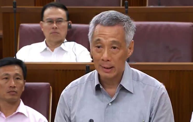 Prime Minister Lee Hsien Loong speaking on the second day of parliamentary debates into allegations of abuse of power arising from the Lee family feud Photo: TV screen shot