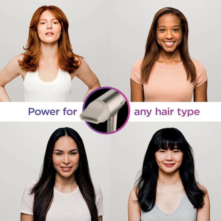 four models showing different hair types after using the hair dryer