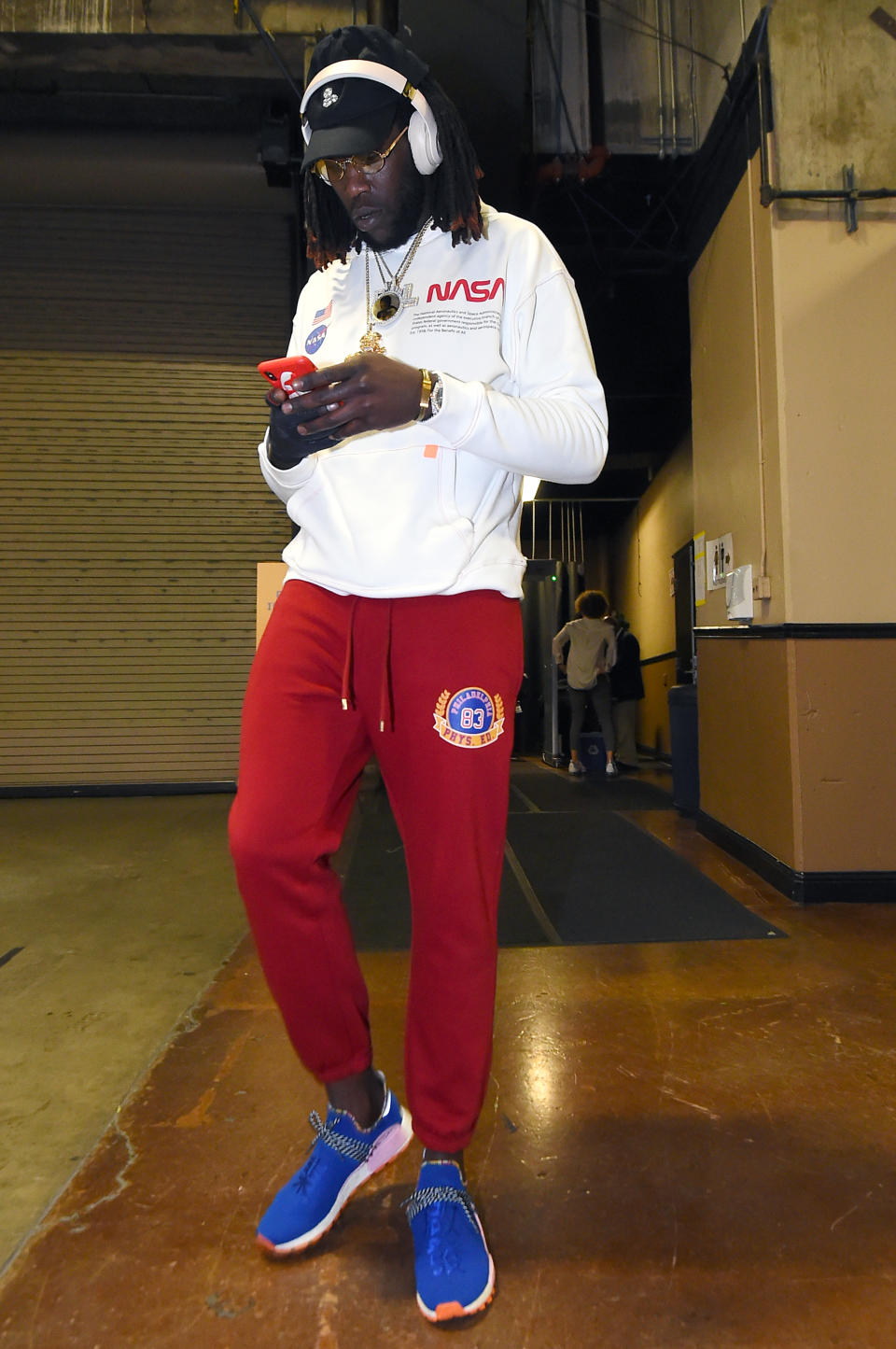 Montrezl Harrell wears a Heron Preston x Nasa hoodie, Forever 21 Philadelphia 83 Phys. Ed joggers ahead of Clippers, Warriors Game 2 on April 15.